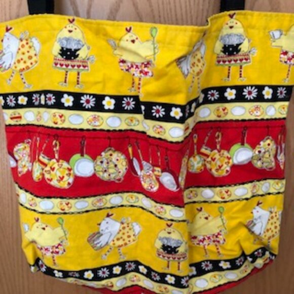 Fun Chickens in the Kitchen Cotton Tote Shopping Bag Yellow Black Red - Picture 2 of 5